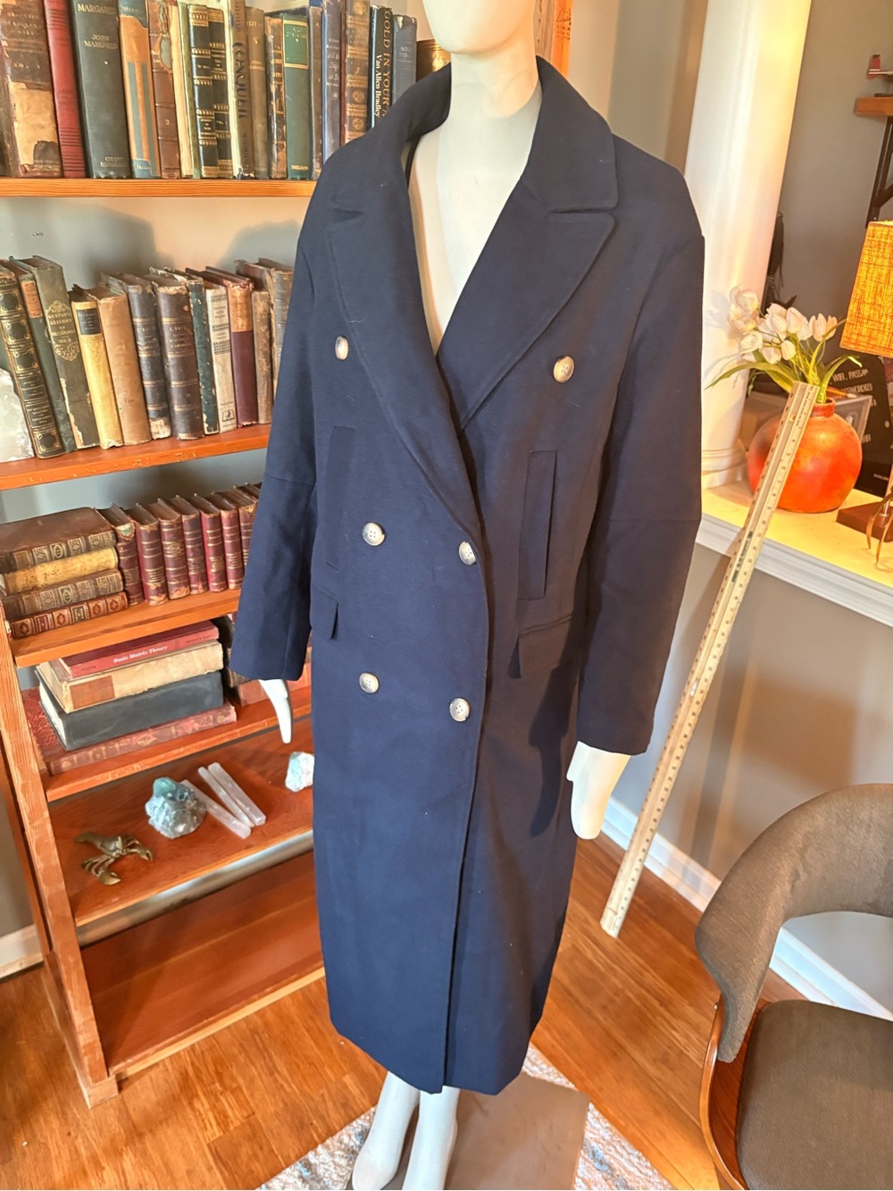 Topshop Navy Double-Breasted Pea Coat with Gold Buttons